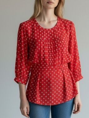 Zara Red Printed Tie-Waist Blouse